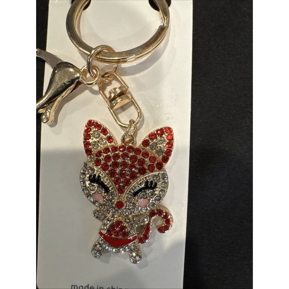 Bag Keychain Red Gold Fox Rhinestone Bag Charm Rhinestone Keyring NEW - Picture 3 of 6